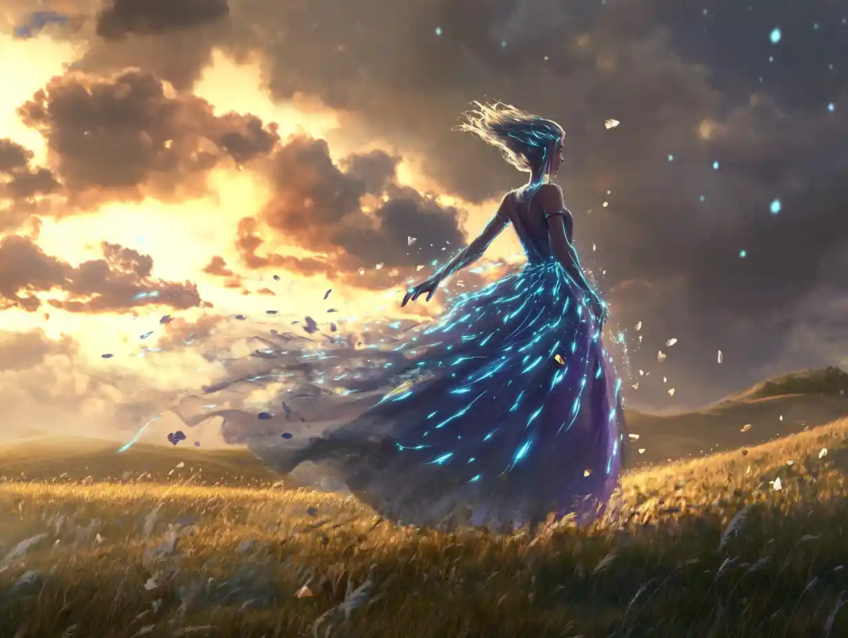 Fairy Woman Summoning Rain In A Twilight Storm Meadow