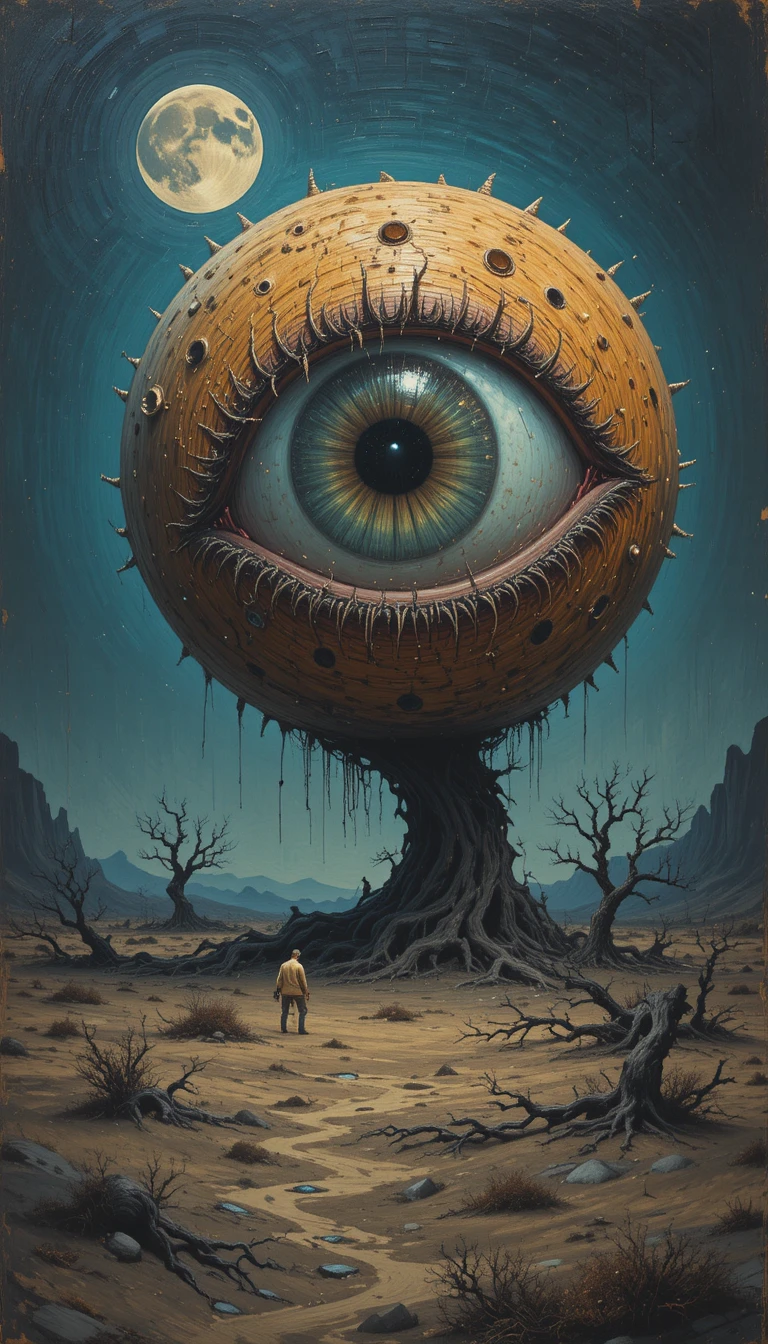 Olho gigante surreal sobre uma paisagem árida ao luar
