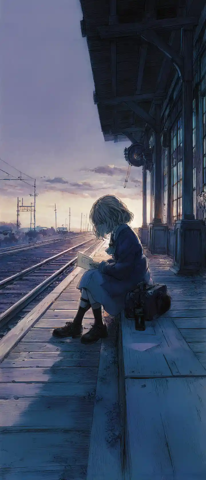Former soldier woman on lonely twilight train platform