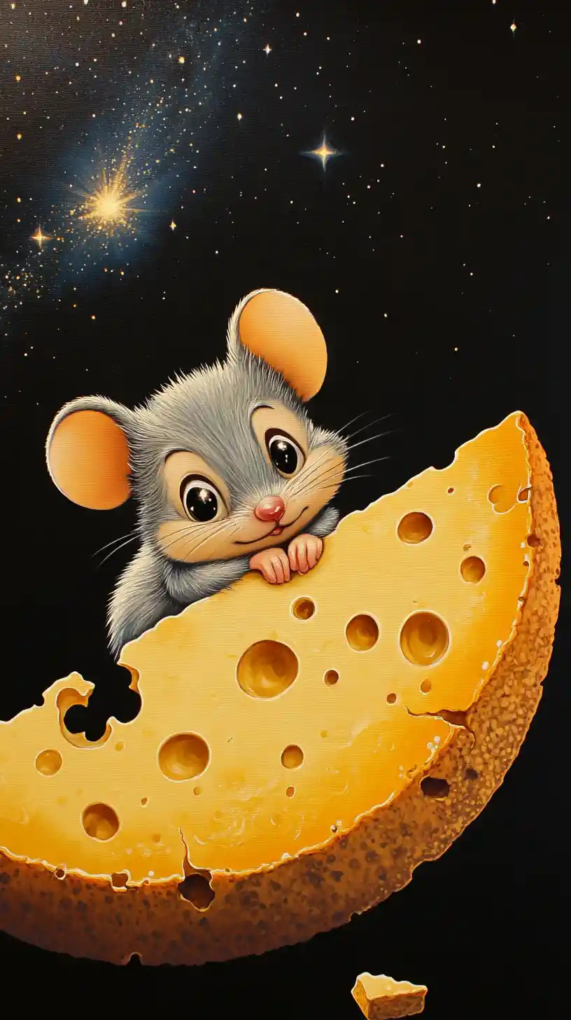 Rato de desenho animado em um gigantesco crescente de queijo sob céu estrelado