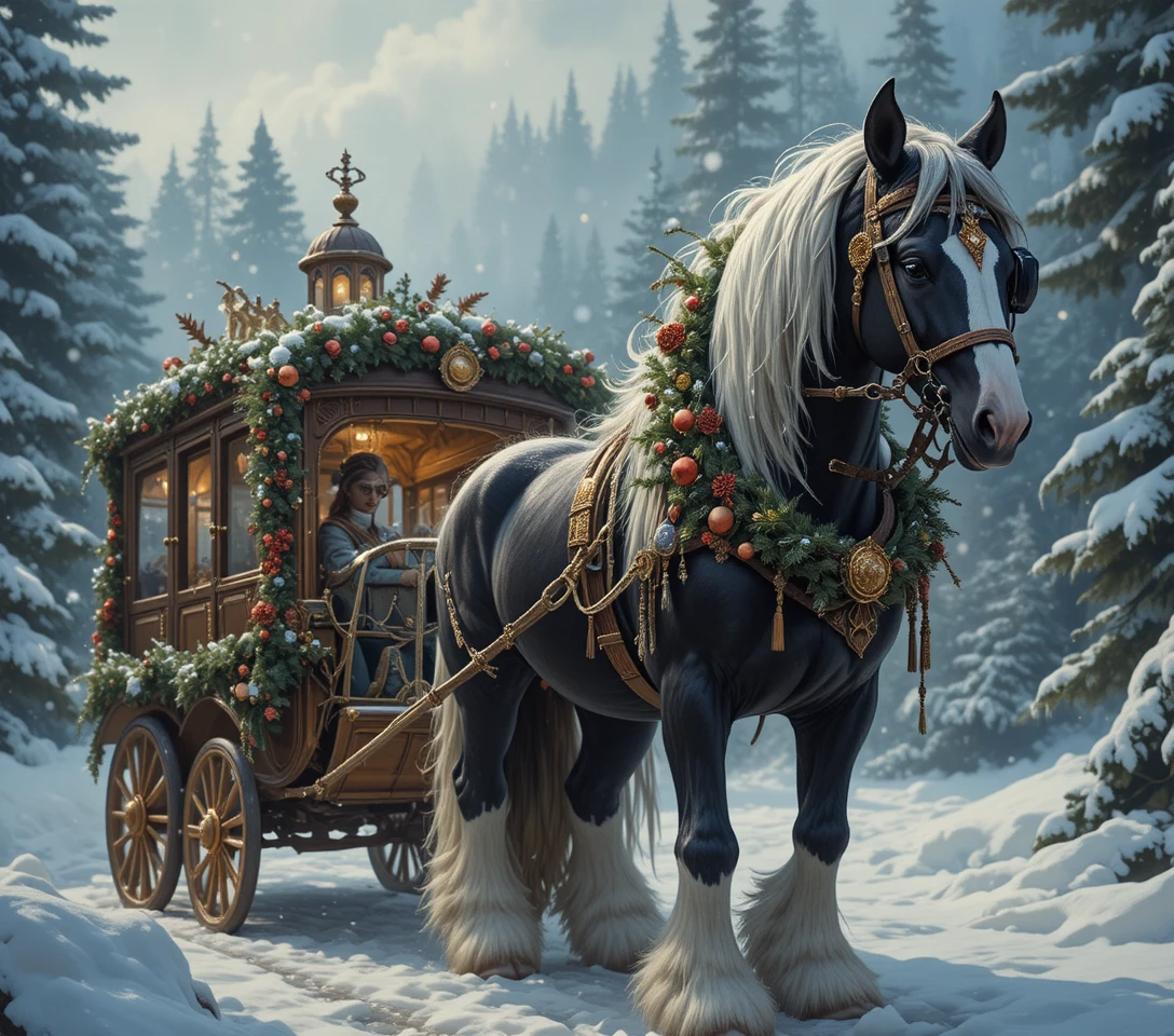 Cavallo da Tiro Festivo che Traino una Carrozza in una Foresta Innevata d'Inverno