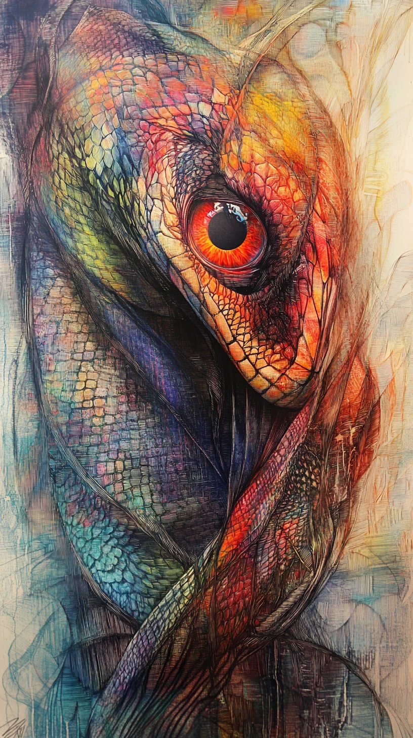 Visión abstracta de serpiente con colores intensos y ojos grandes