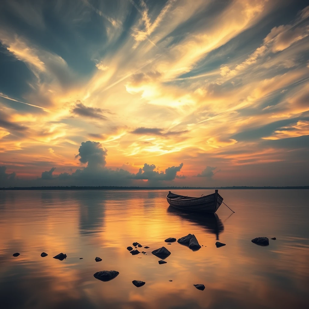 Holzboot auf ruhigem Fluss bei goldenem Sonnenuntergang