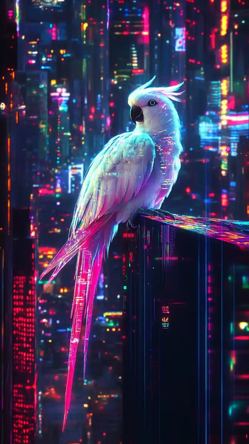 Papagaio neon futurista em um rooftop na cidade iluminada