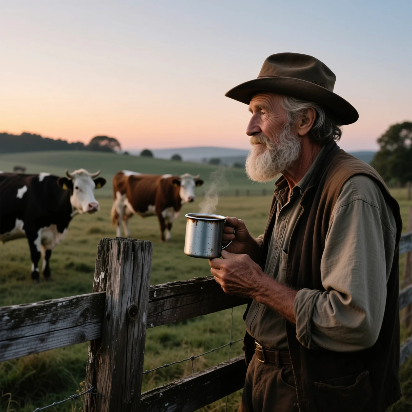Velho fazendeiro tomando café perto de uma cerca de madeira ao amanhecer