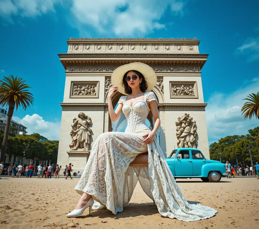 Femme élégante posant près de l’Arc de Triomphe à Paris