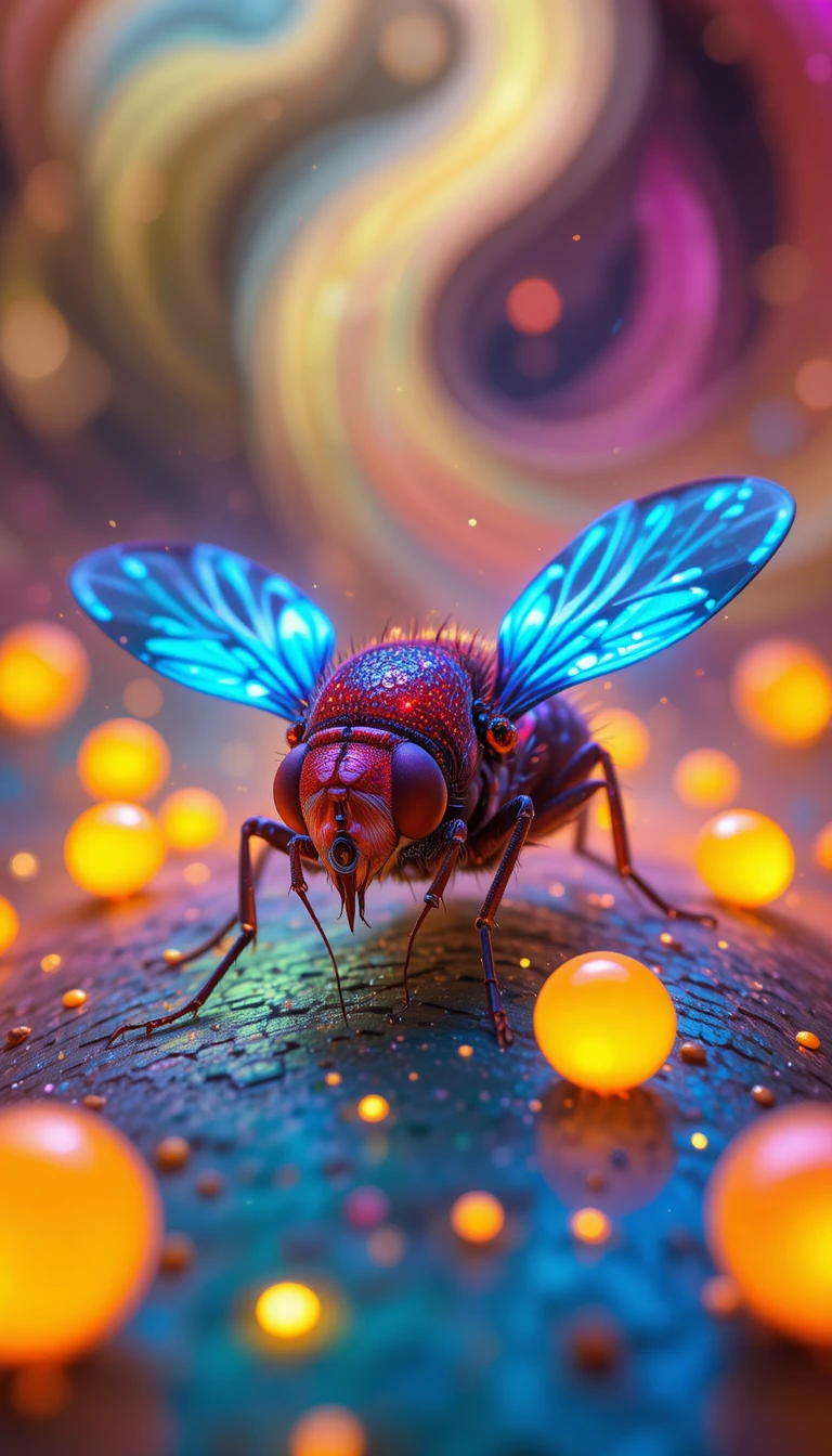 Mosca neón descansando sobre orbes brillantes en colores surreales