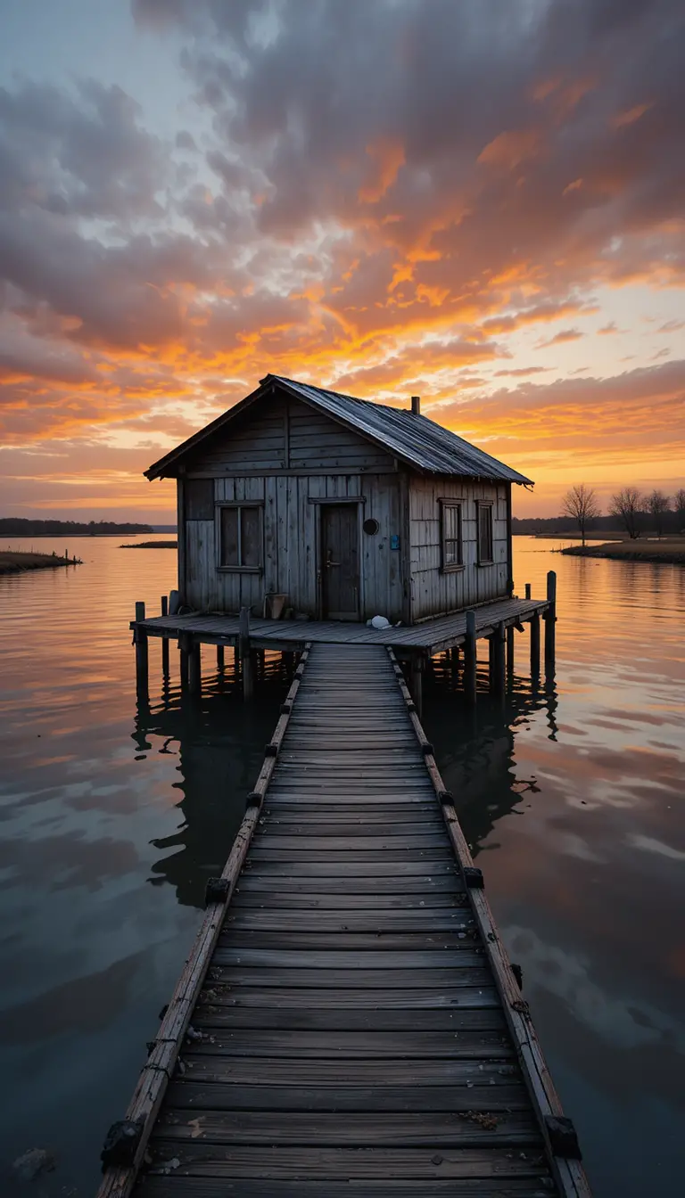 静かな夕暮れの水面に建つ素朴な木造高床小屋
