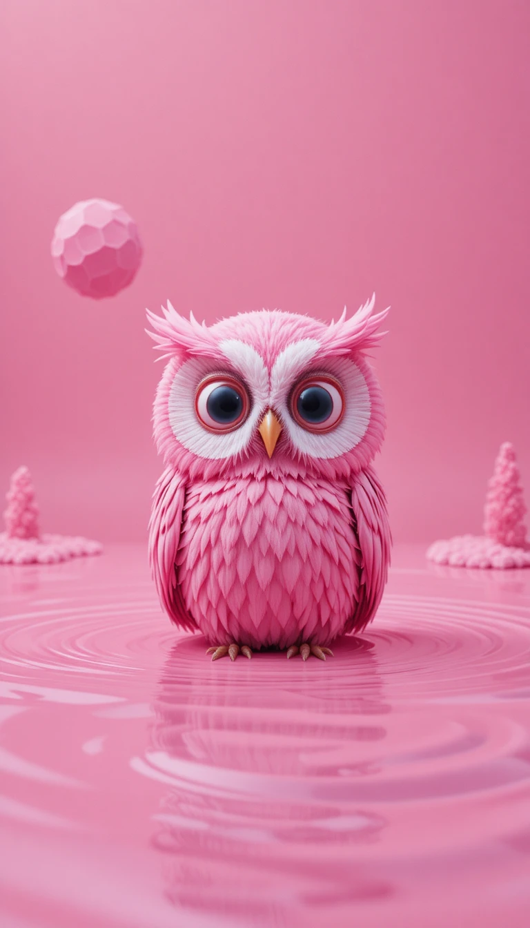 Cartoon-Eule in Pink entspannt in abstrakter Wasserszene