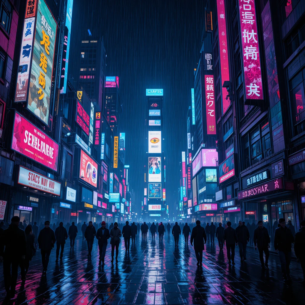 Rua de cidade cyberpunk neon à noite com letreiros brilhantes