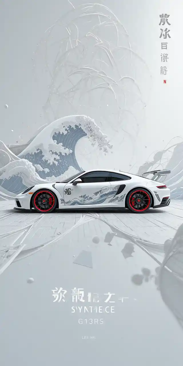 Carro esportivo branco futurista com decalques de ondas abstratas