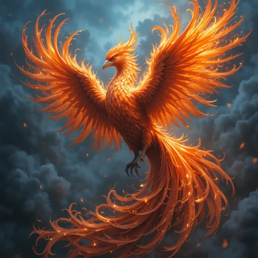 Fênix flamejante voando contra um céu escuro e esfumaçado