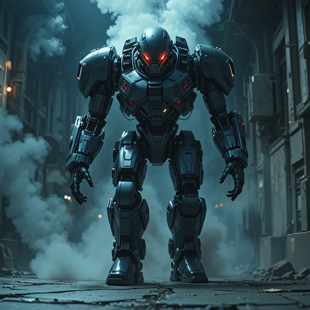 Gigantischer Roboter marschiert nachts durch aufgerissene Stadtstraße