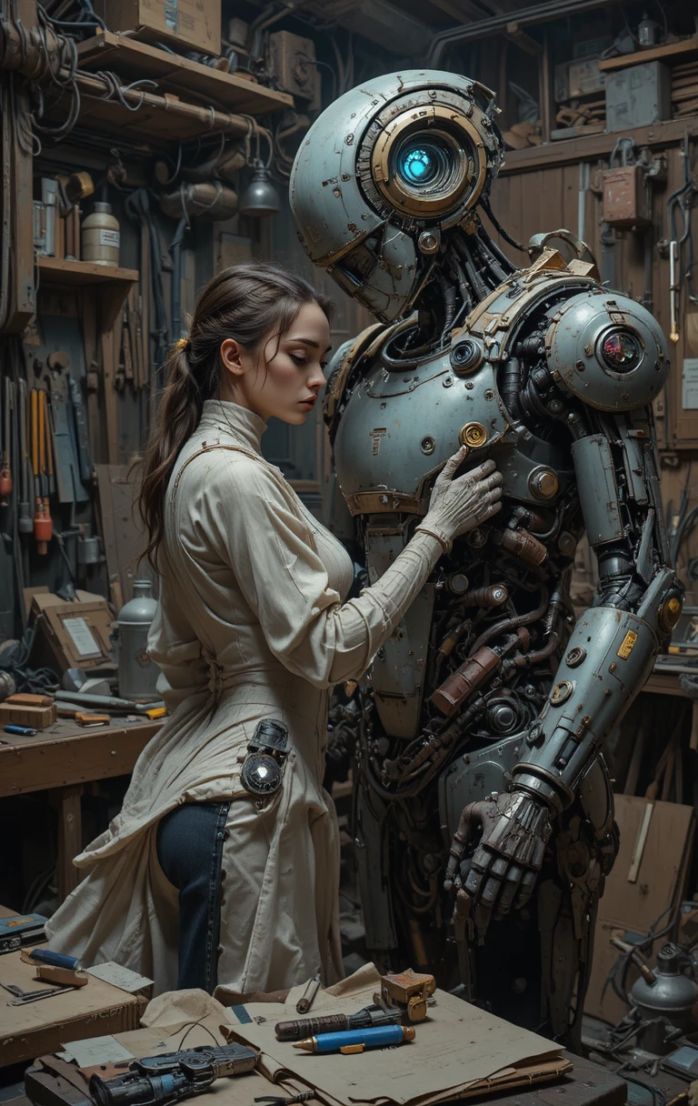 半分サイボーグの女性があたたかな工房でロボットを修理している