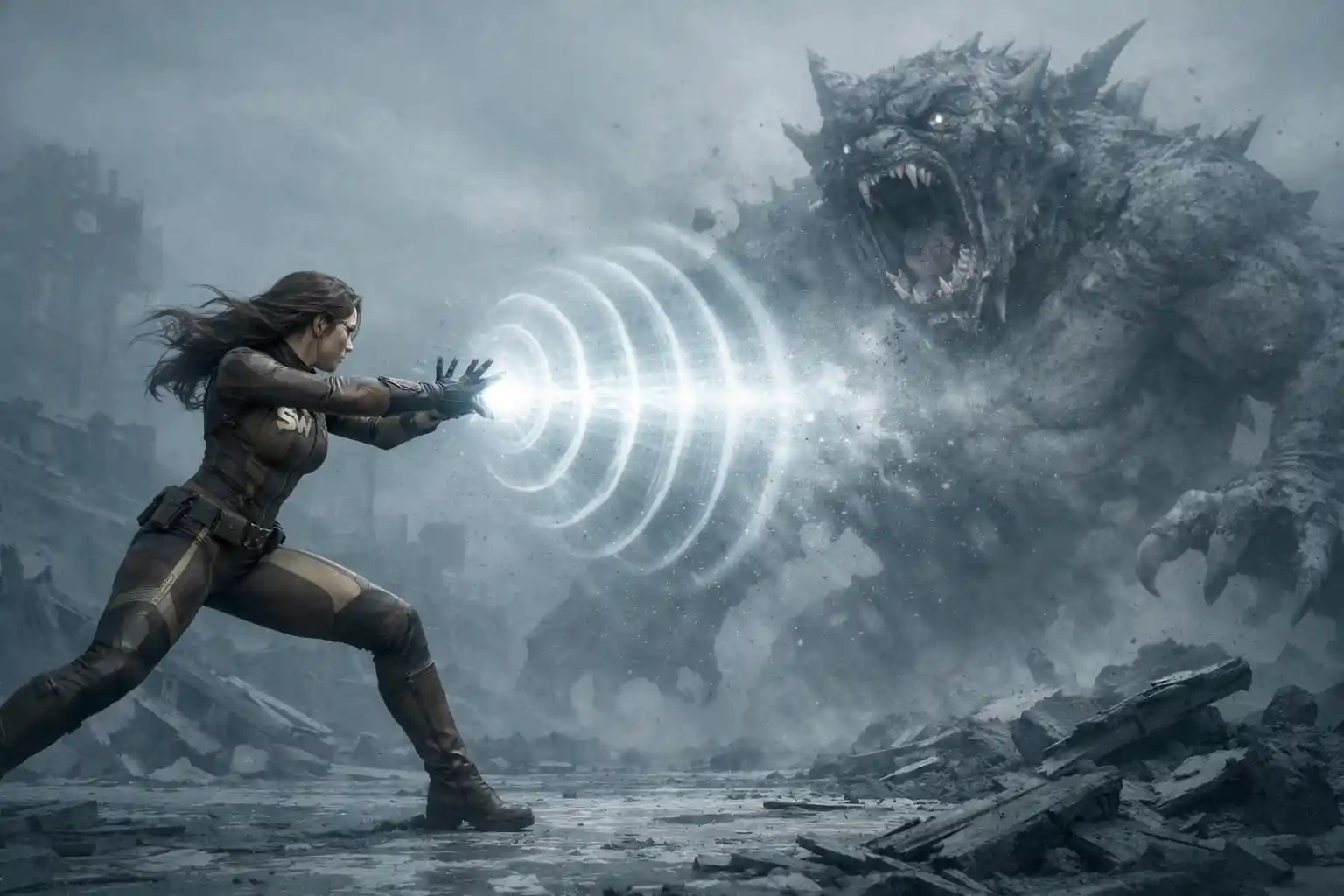 Female superhero unleashing sonic power at towering monster