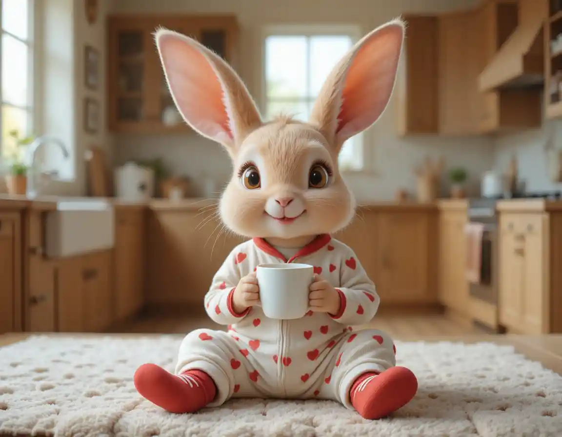 Coelhinho fofo de pijama de coração segurando uma bebida quente