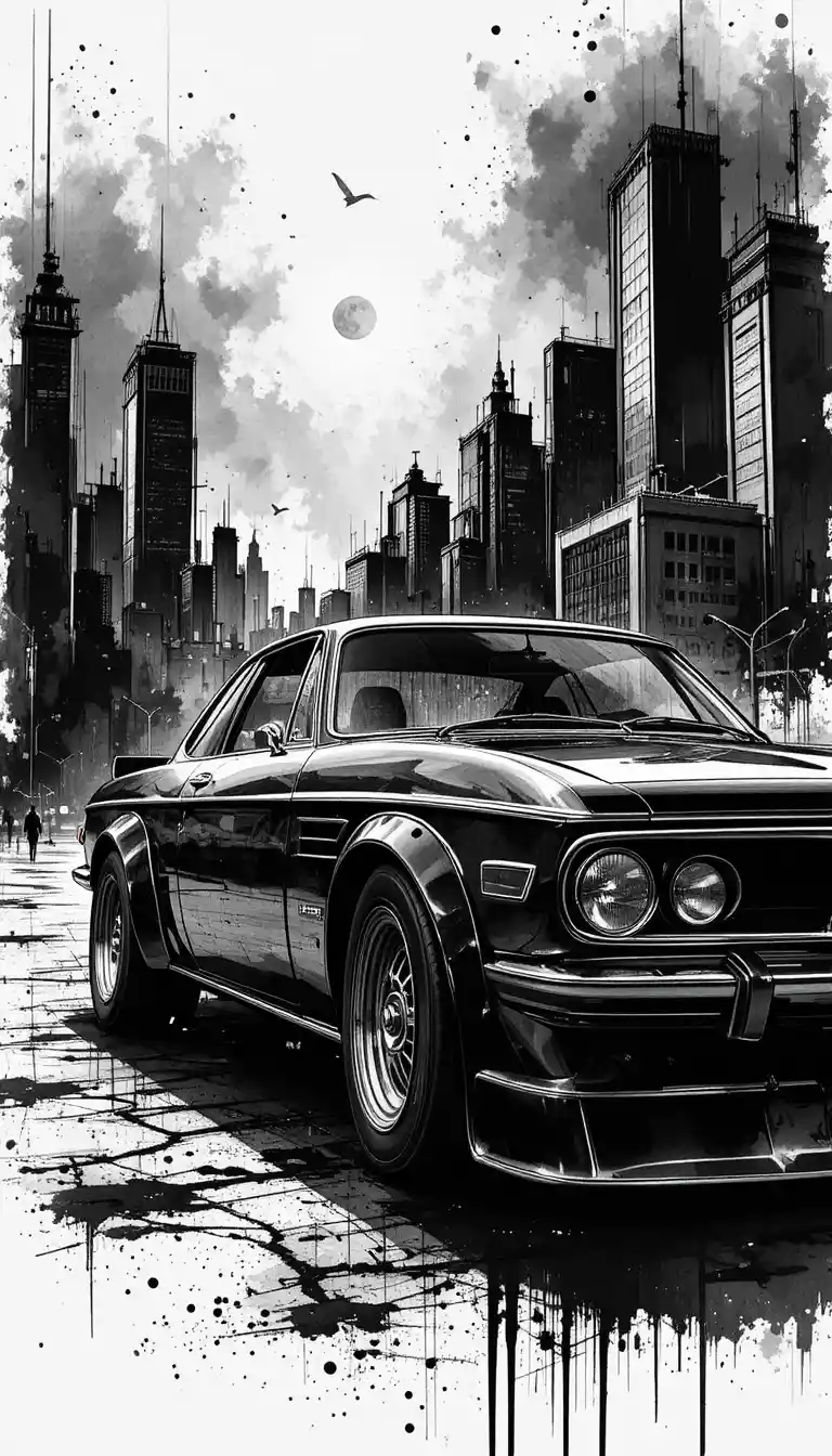 Desenho digital em preto e branco de um carro esportivo clássico