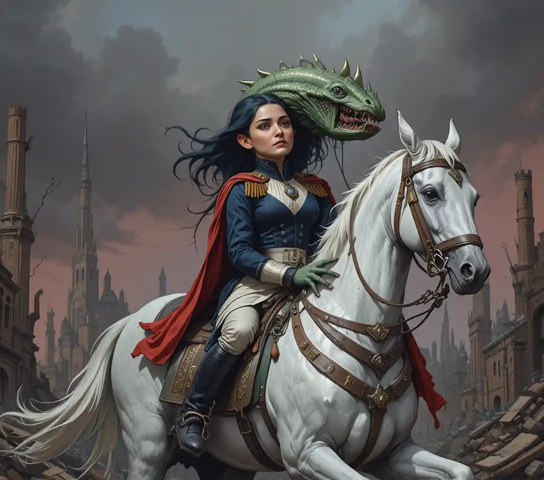 Napoléon sur un cheval blanc dans une peinture classique dramatique