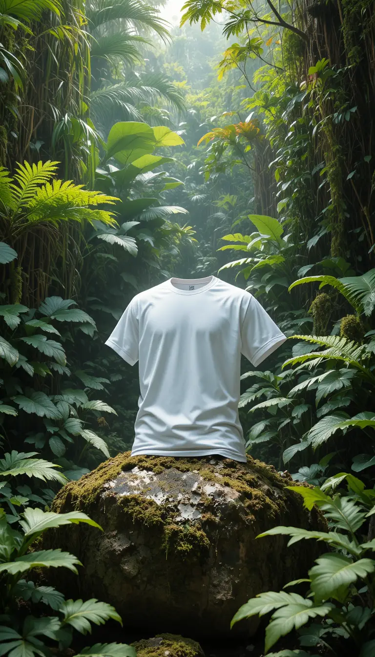 White tshirt resting on jungle rock in soft sunlight