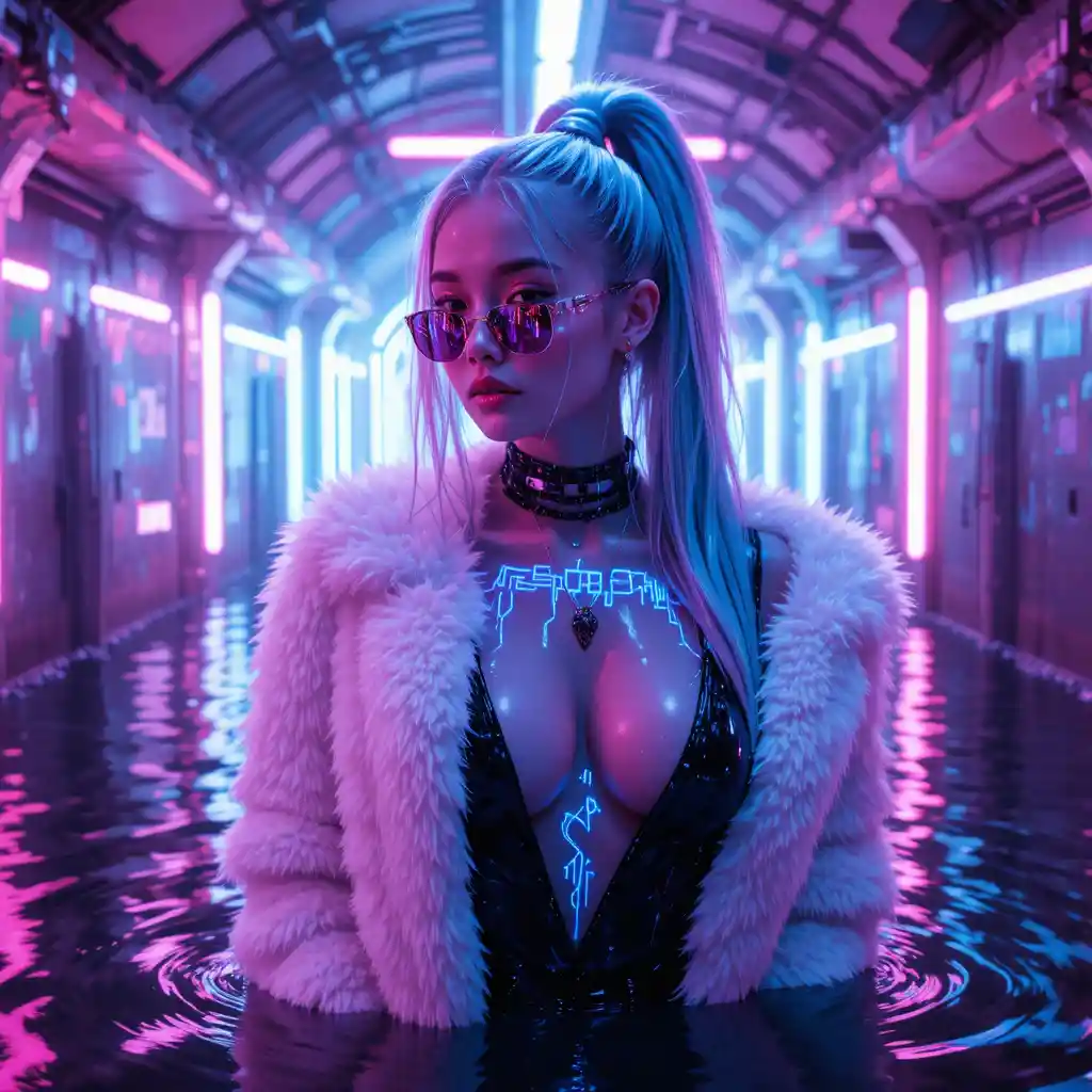 Retrato de mujer cyberpunk en túnel subterráneo inundado de neón