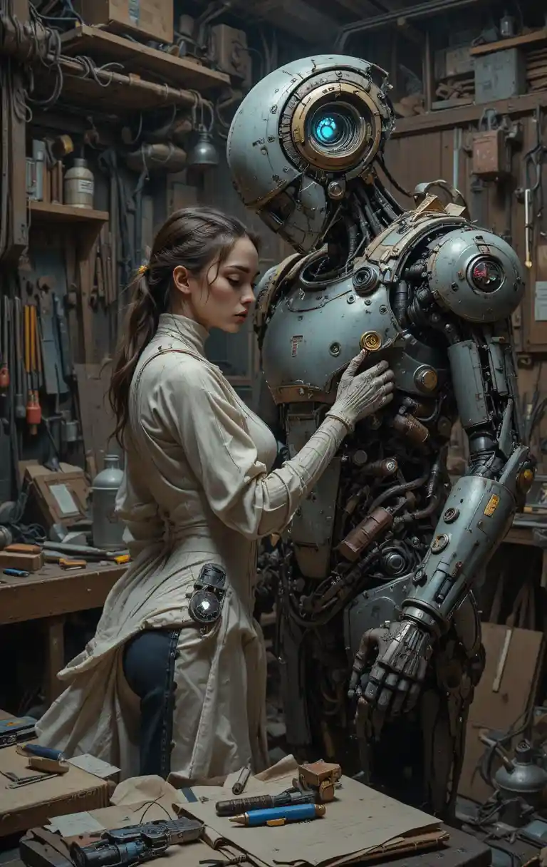 Half cyborg woman repairing a robot in warm workshop