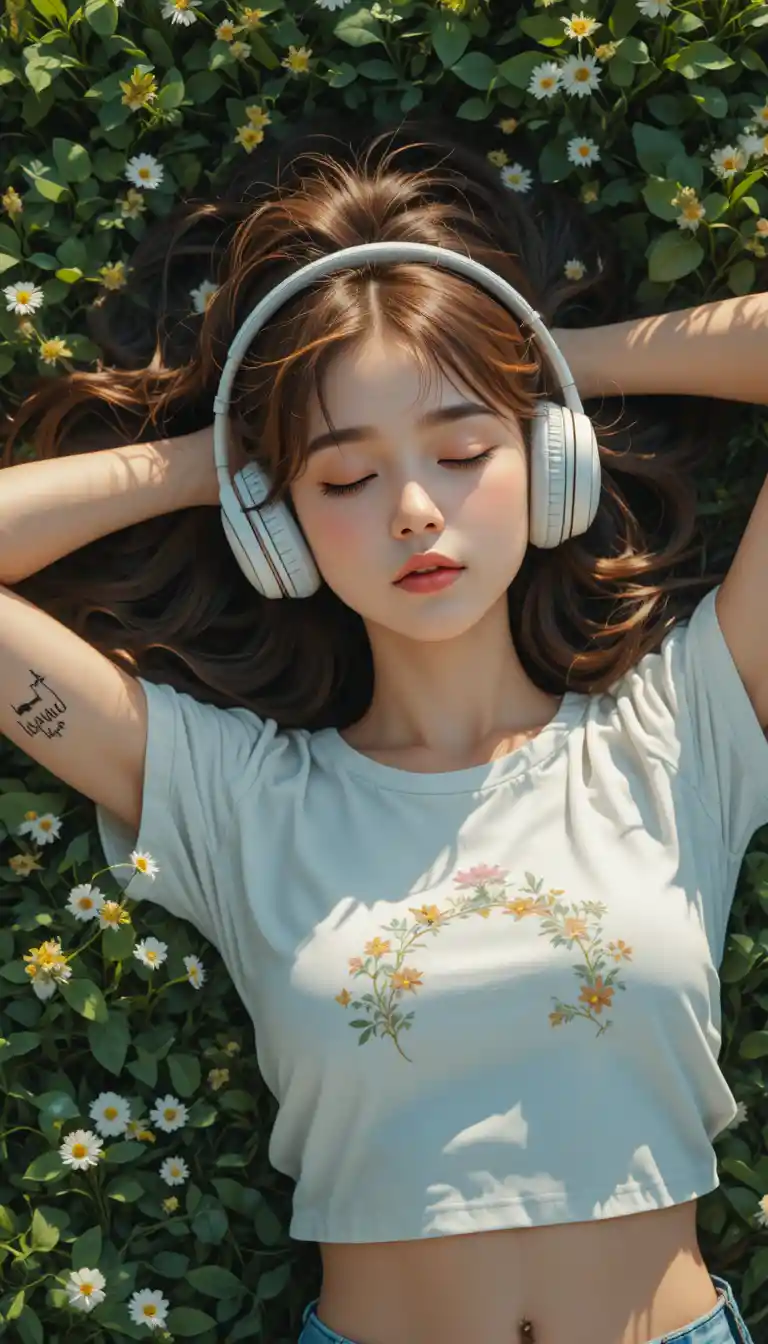 Girl With Headphones Resting On Grass In Warm Sunlight