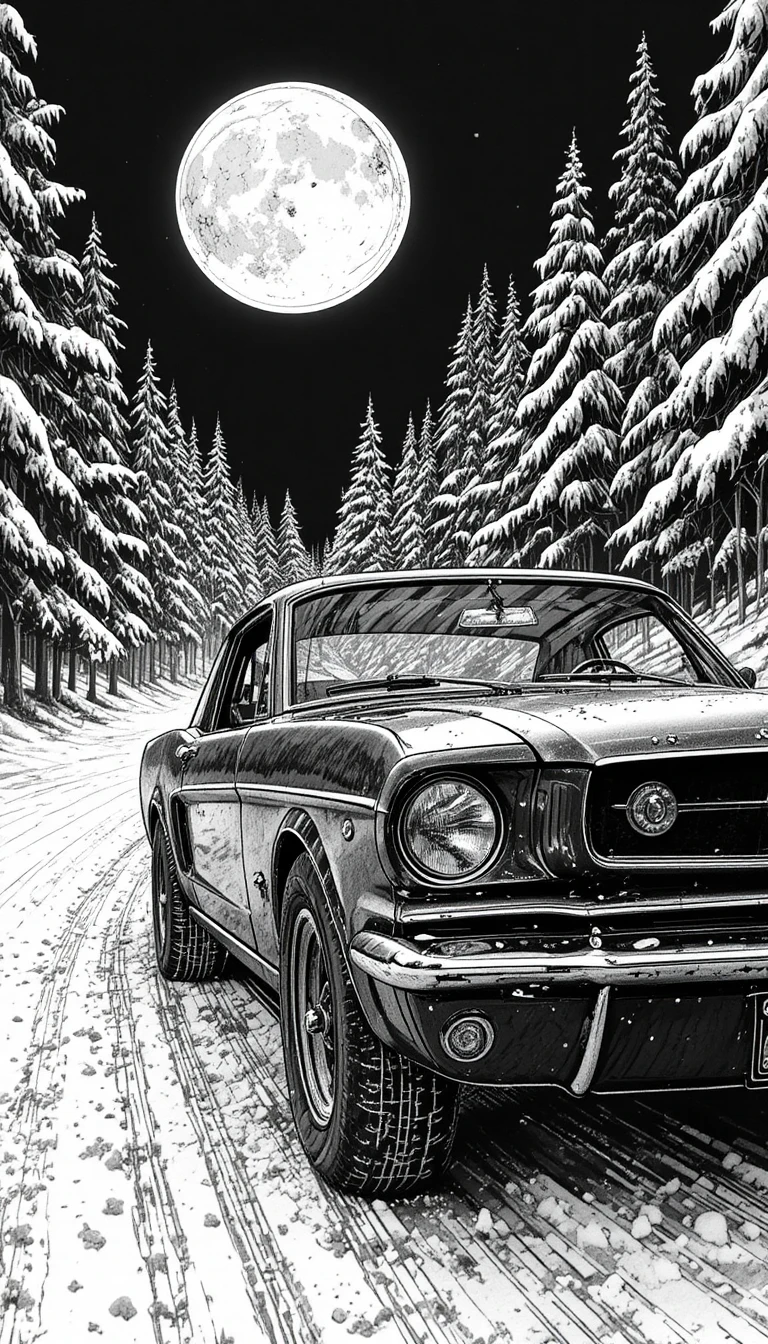 Ford Mustang vintage atravessando uma floresta nevada ao luar