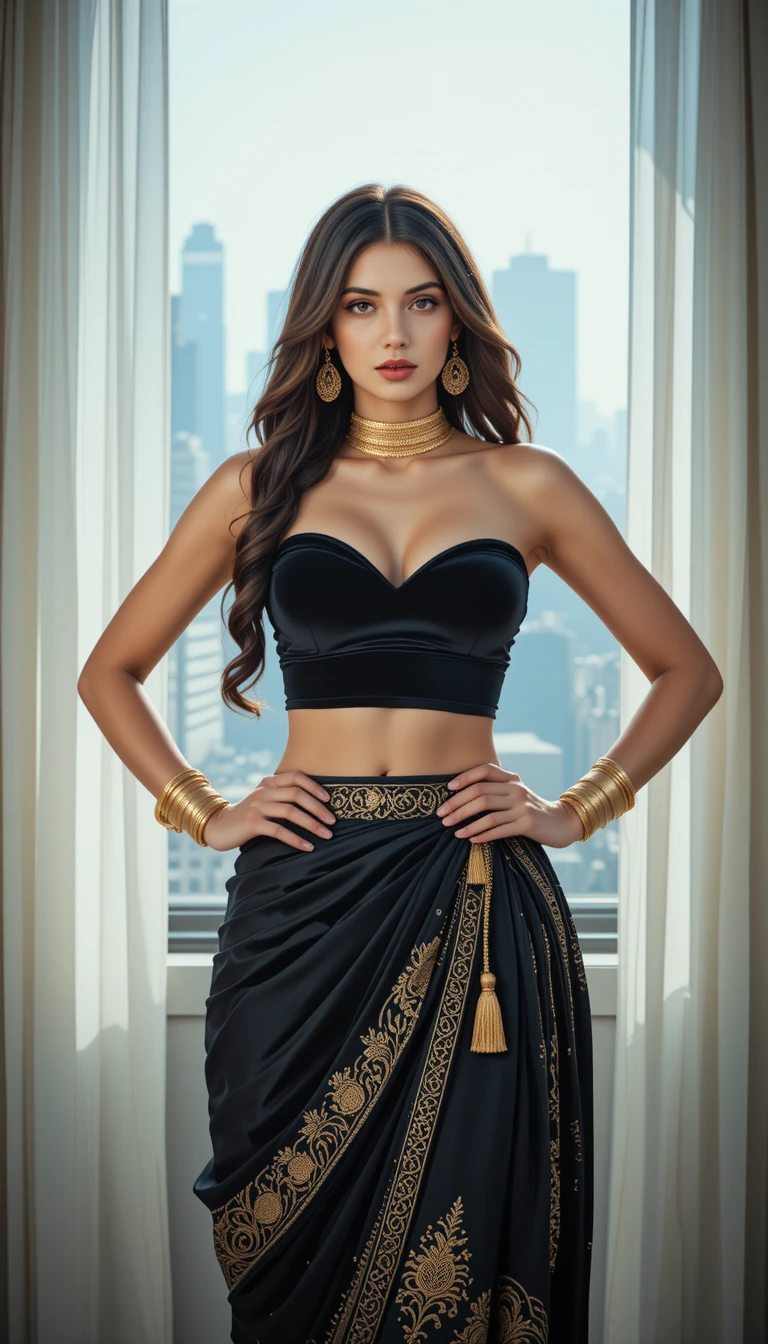 黒いドーティスカートを着た自信あふれる南アジア系女性のポートレート