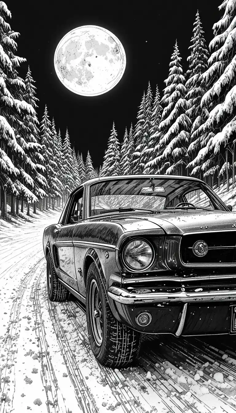 Ford Mustang vintage traversant une forêt enneigée au clair de lune