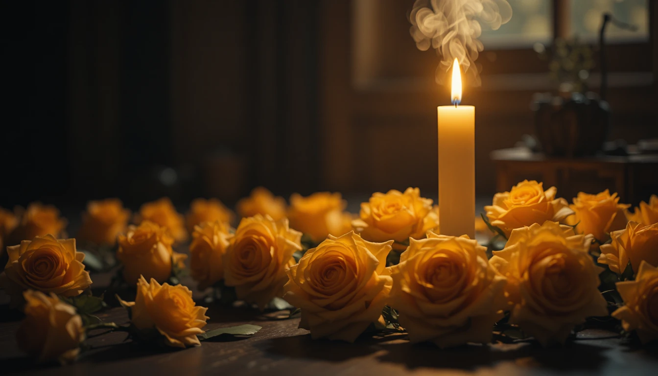 Einzelne Kerze mit gelben Rosen im Dunkeln leuchtend