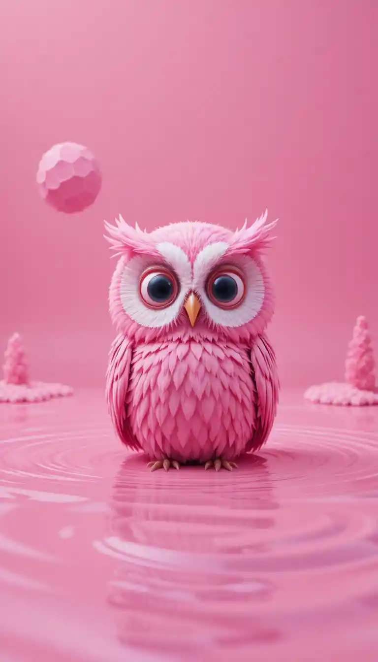 Cartoon-Eule in Pink entspannt in abstrakter Wasserszene