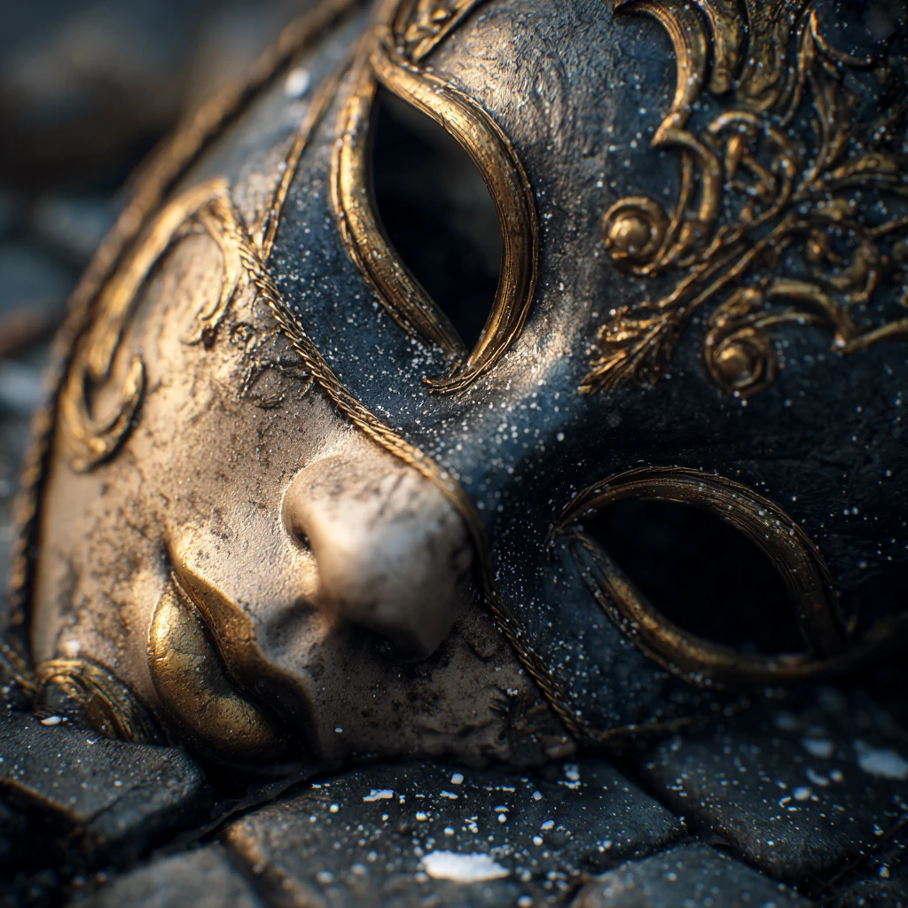 Venetian carnival mask on wet cobblestone with falling snow