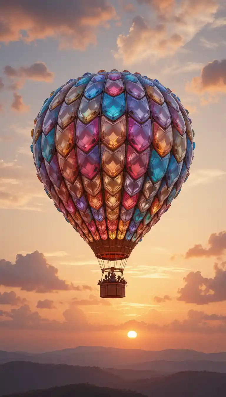Gemstone hot air balloon drifting in a warm sunset sky