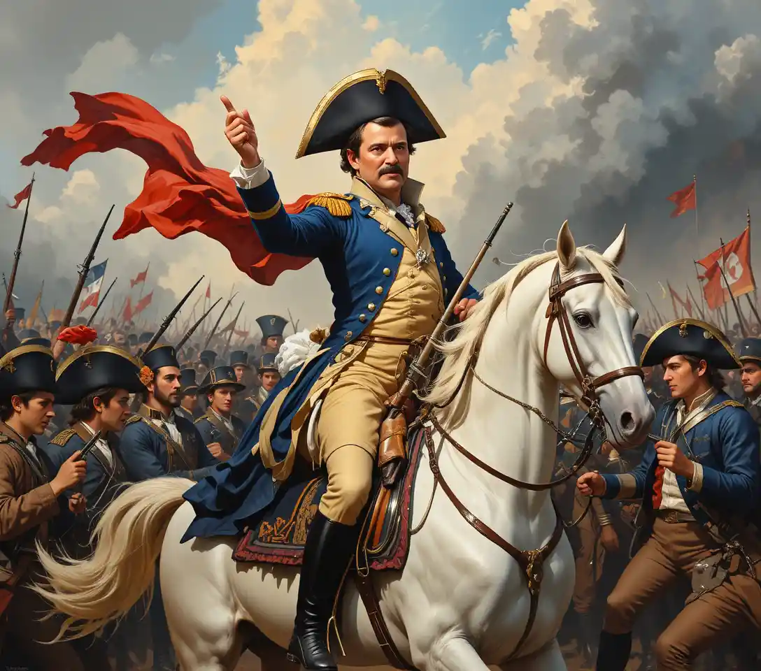 Napoleão em um cavalo branco empinado em uma pintura clássica de batalha