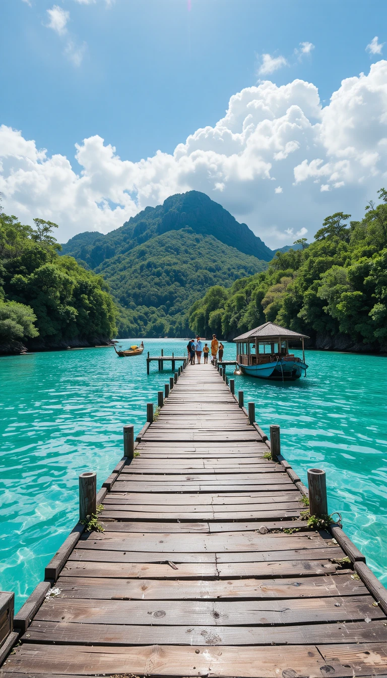 Old wooden dock over turquoise lake with distant mountain