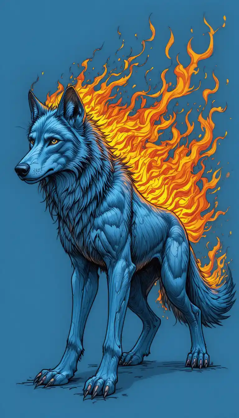 Lobo azul envolto em chamas laranjas e amarelas ardentes