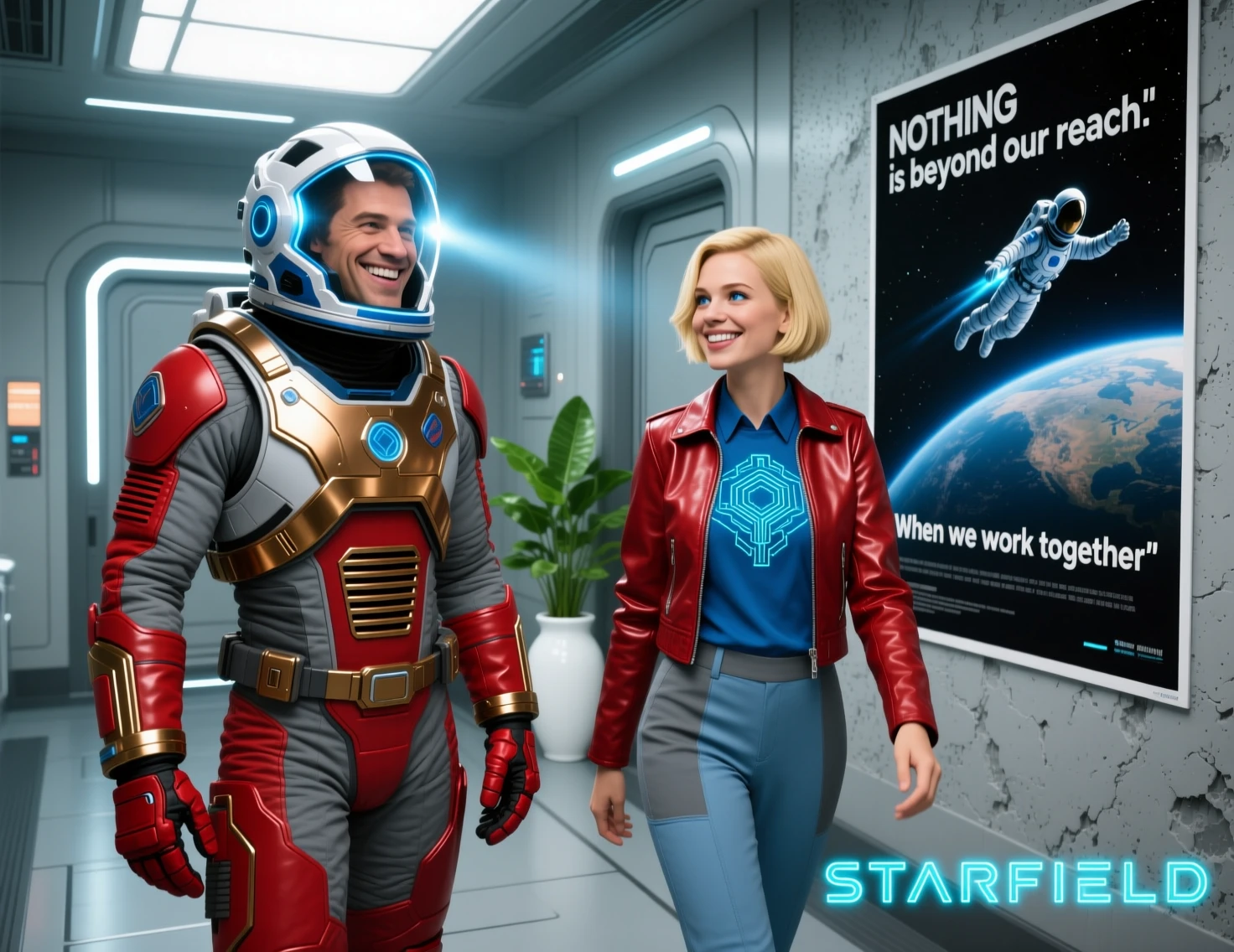 Astronauta e mulher conversando em um corredor futurista