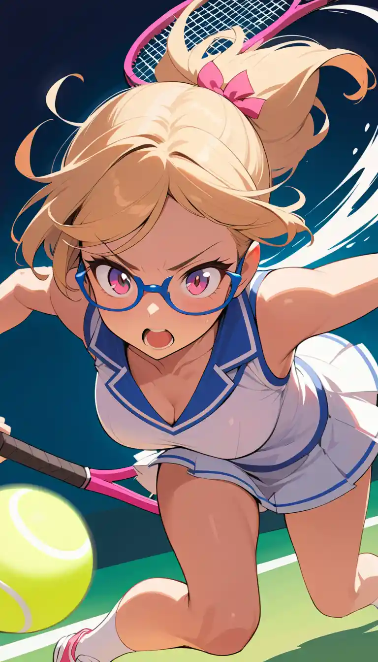Anime girl smashing a tennis ball from a dynamic angle