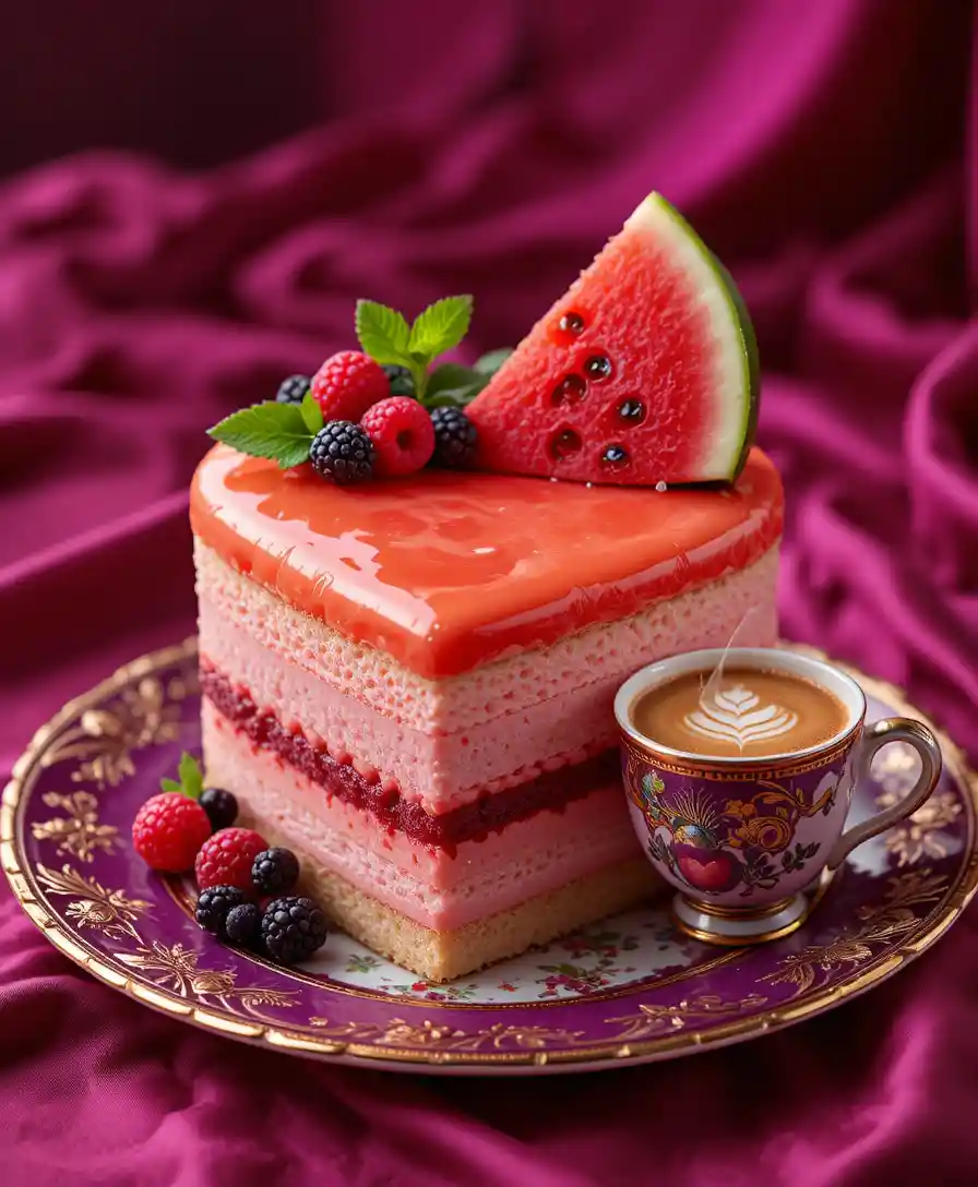 Bolo mousse em formato de coração com café sobre tecido sofisticado