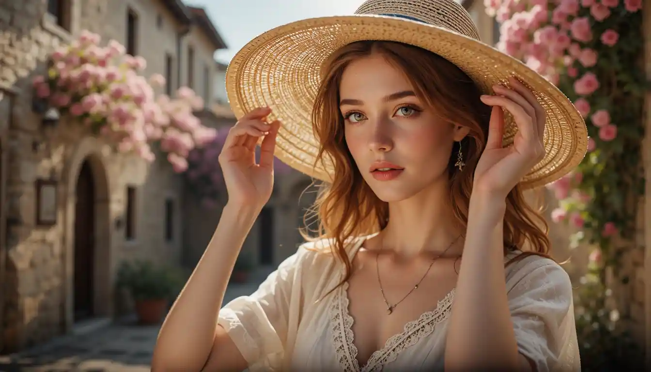 Mulher ajustando chapéu de palha em pátio italiano banhado de sol