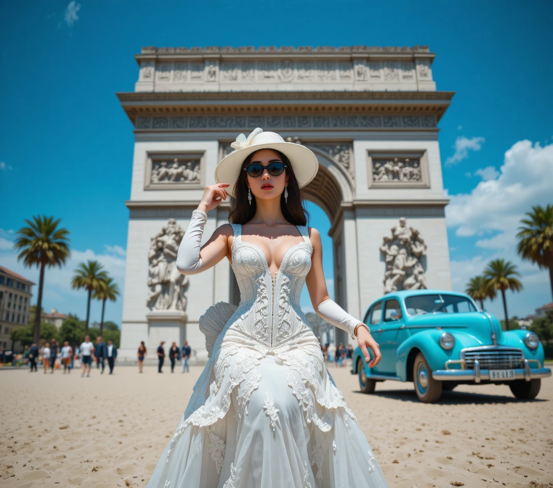 Elegante mulher de cabaré diante do Arco do Triunfo