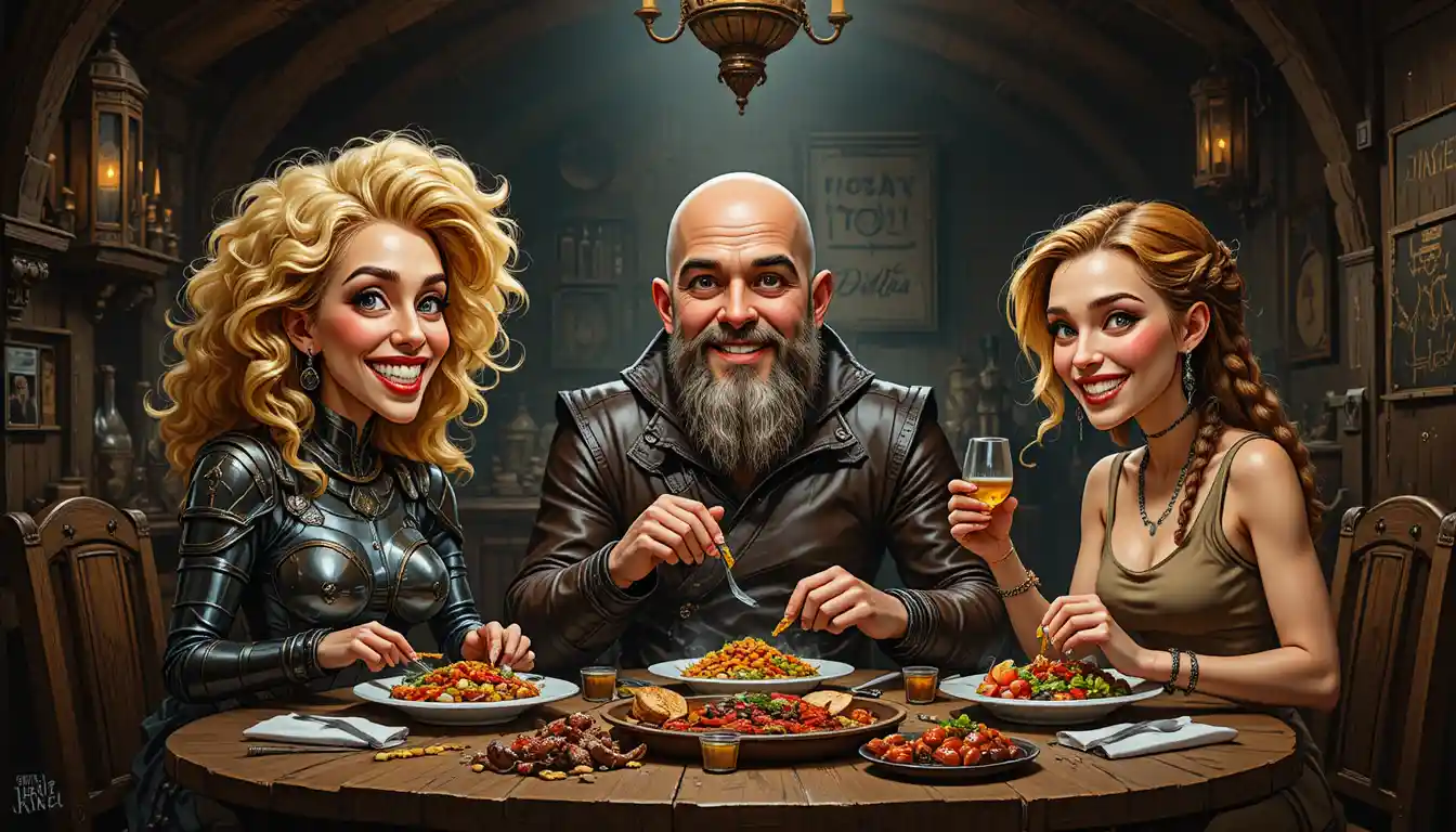 Three friends eating together in a dim medieval tavern