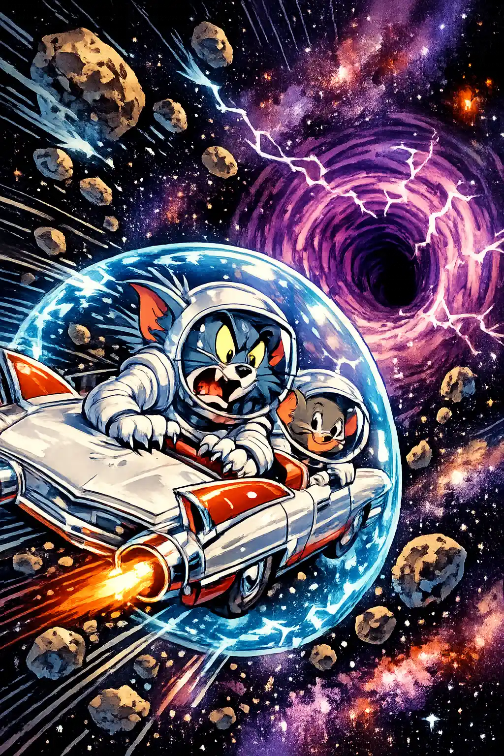 卡通貓和老鼠在外太空混亂中飛速競賽