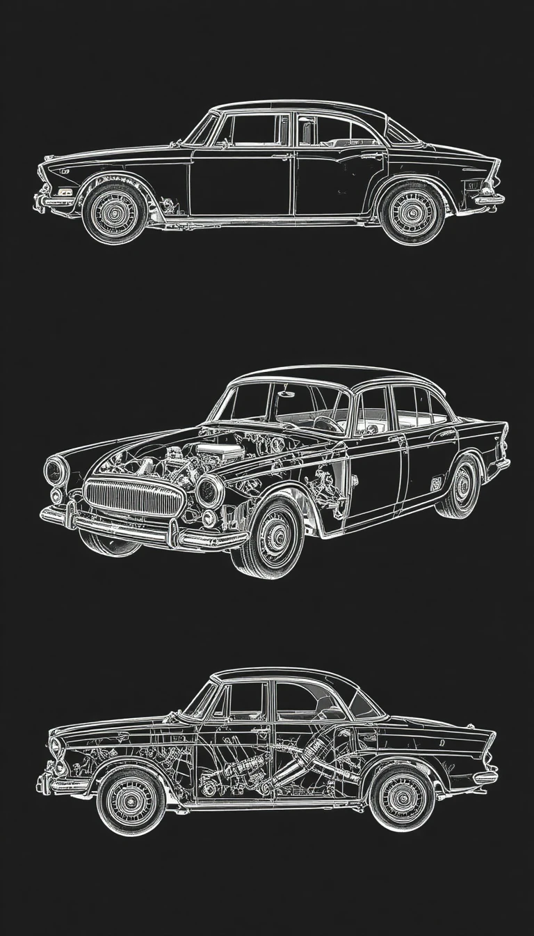 Disegno tecnico di un'auto d'epoca con viste da più angolazioni