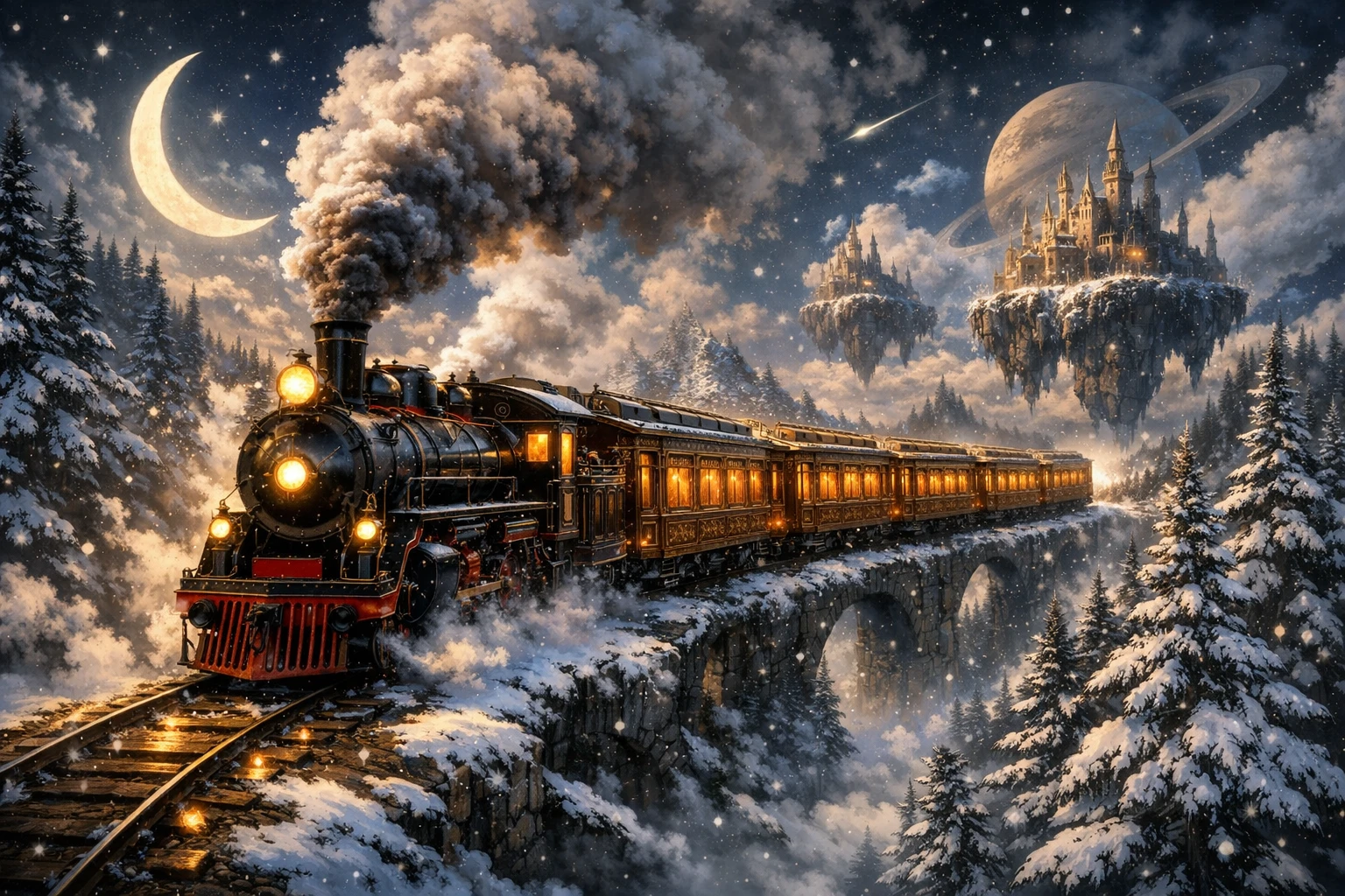 Maestoso treno di legno che attraversa un paesaggio innevato magico