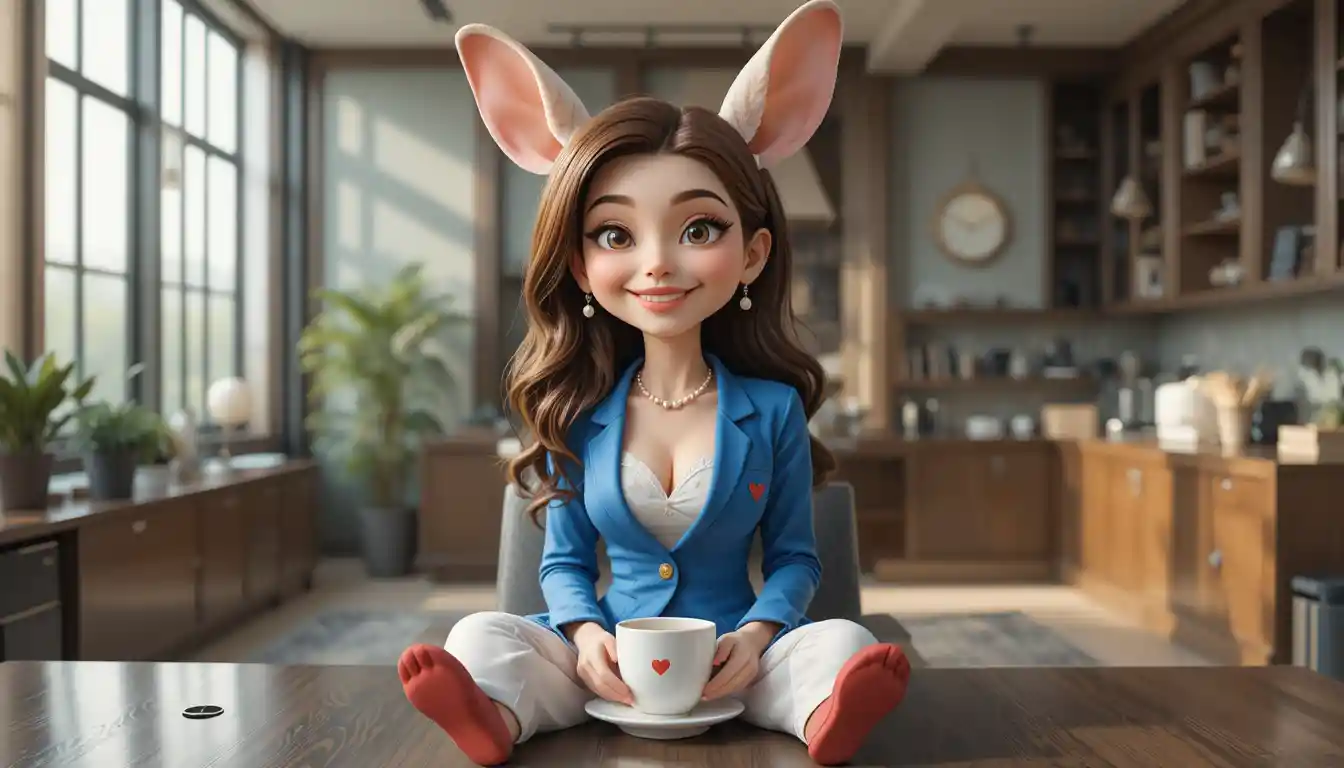 Coelho fofo de pijama com corações bebendo uma bebida quente