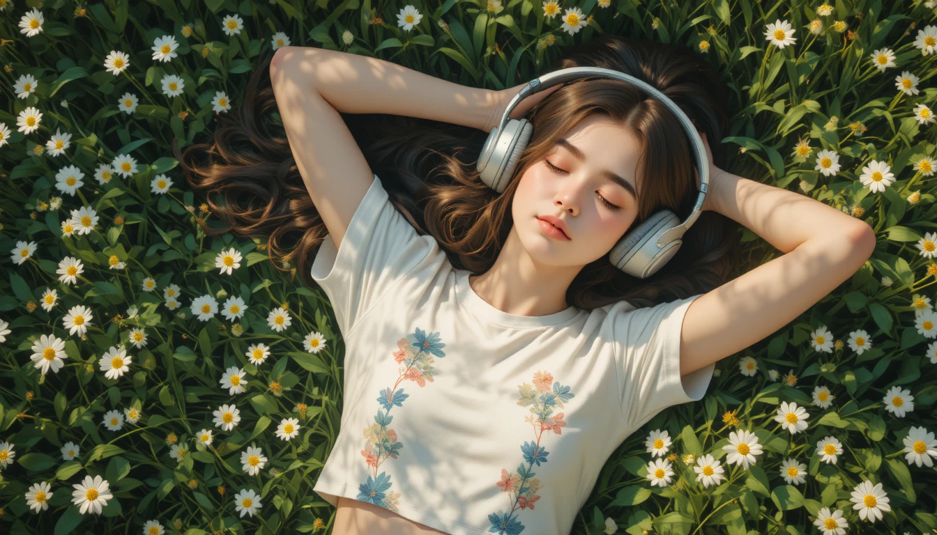 Girl Resting On Grass With Headphones In Sunlight