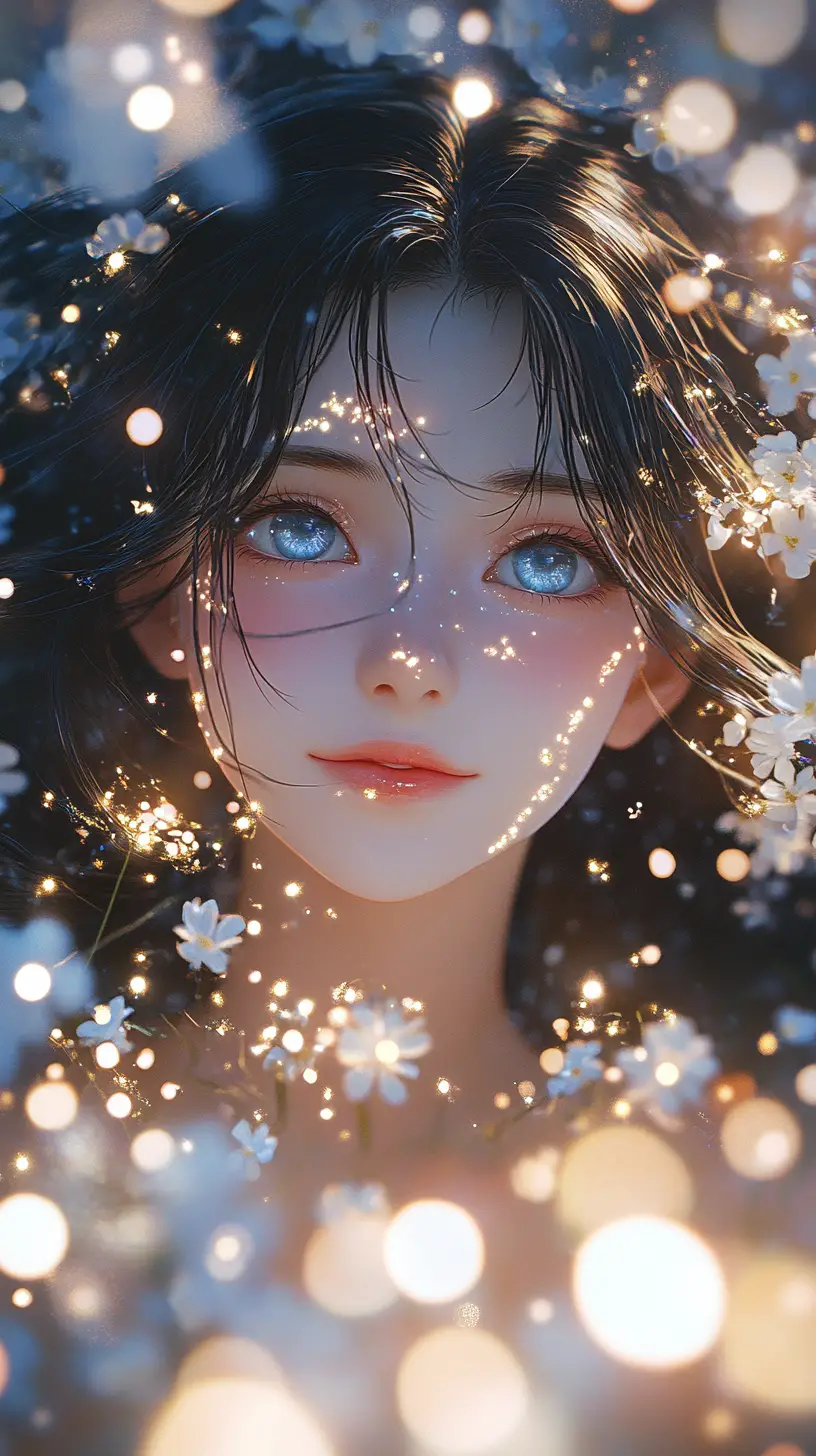Chica de anime rodeada de luces brillantes y flores