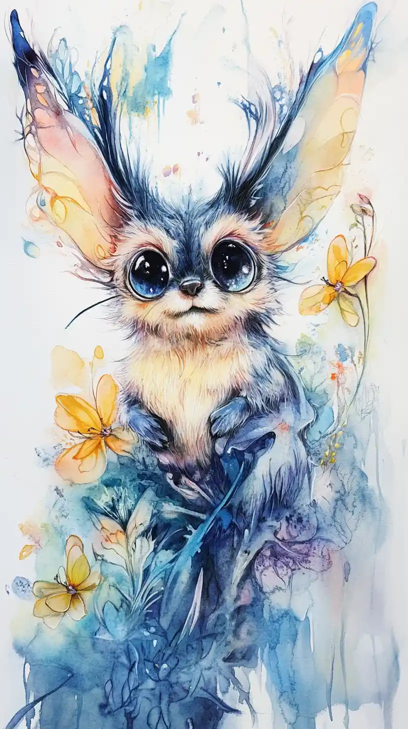 Cute watercolor skunk holding a big yellow flower