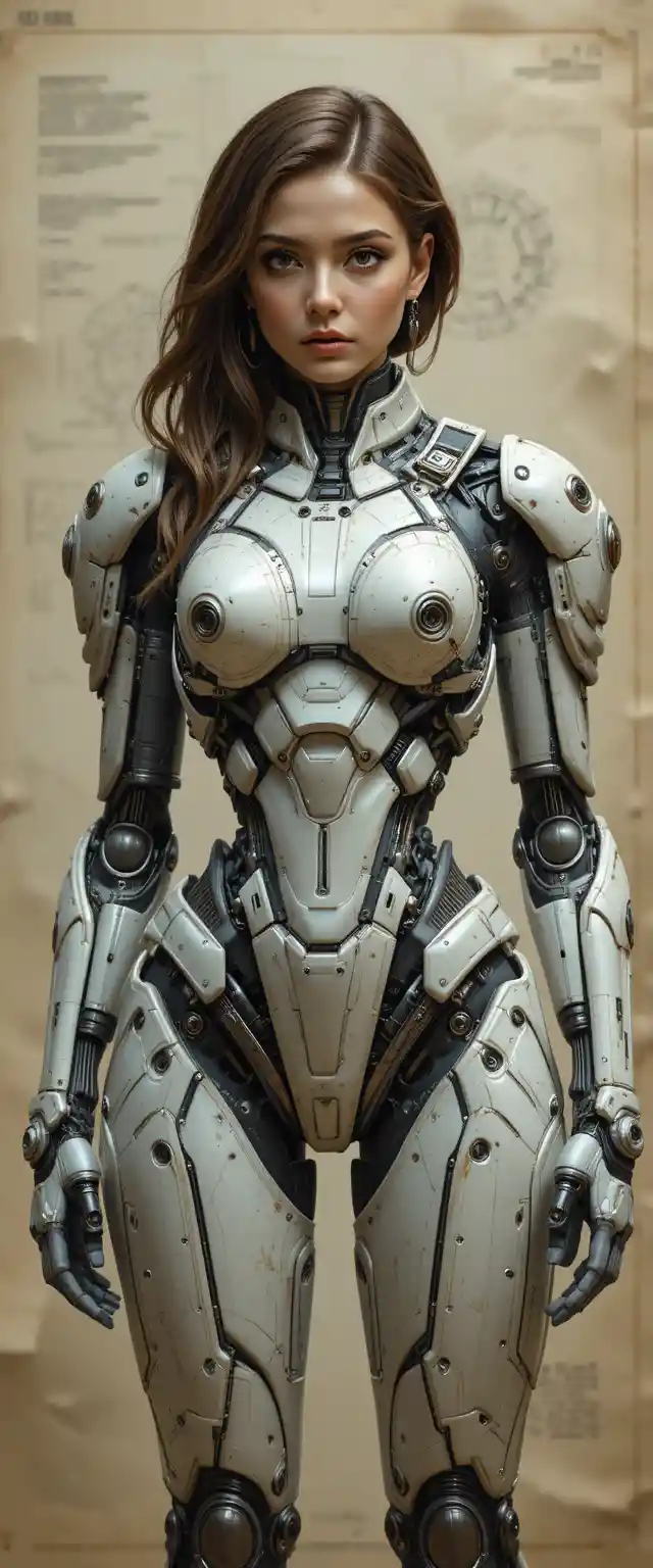 Porträt einer Mech-Pilotin im biomechanischen Exoskelett, frontal